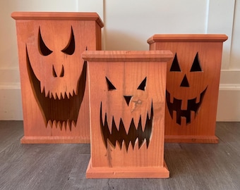 Wooden Halloween Lanterns- Halloween Wooden Pumpkin Lanterns- Handcrafted Jack-O'Lantern Boxes- Rustic Pumpkin Decorations- Spooky Decor