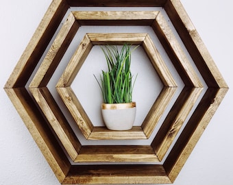 Honeycomb Hexagon Wall Shelves – Set of 3 | Rustic Wood Floating Shelves | Modern Farmhouse Wall Decor