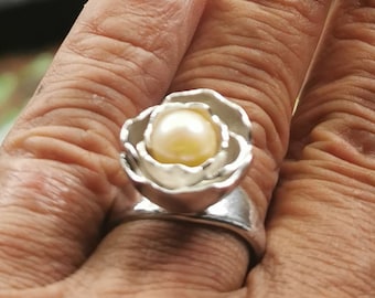 South Sea Pearl Engagement And Wedding Ring: Sterling Silver - Handmade