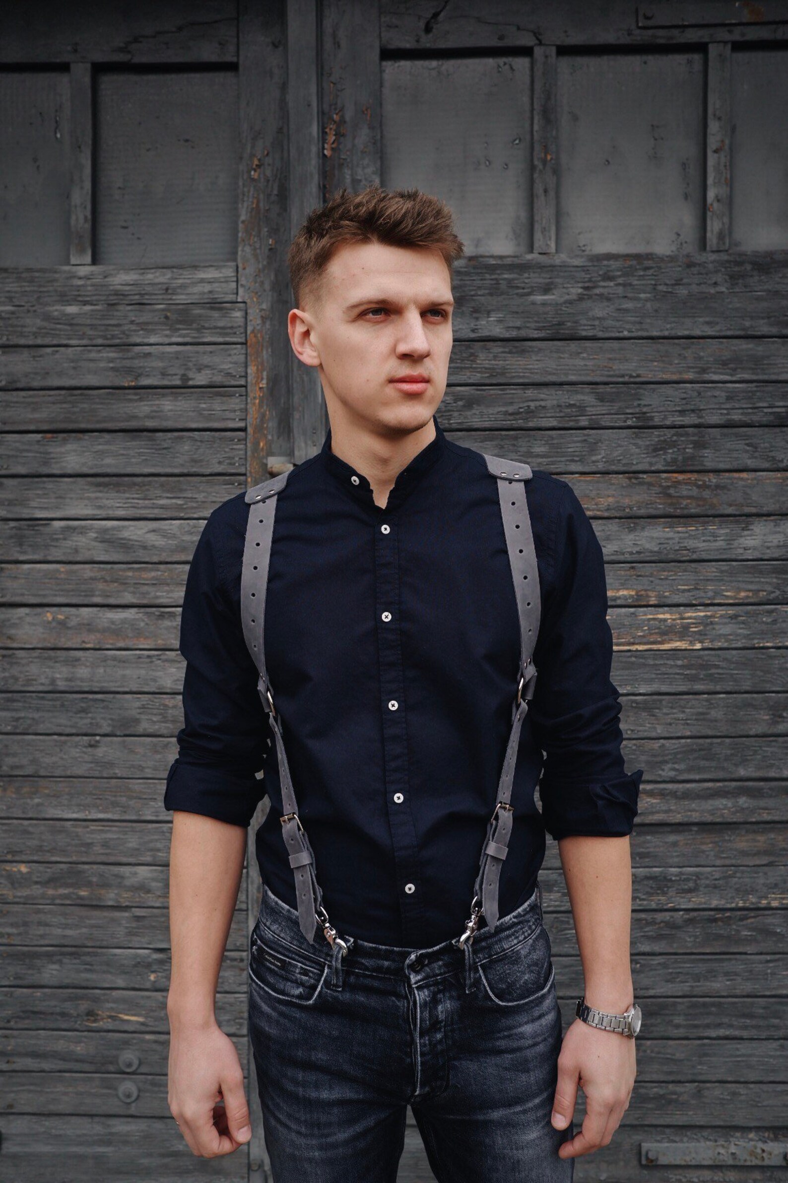 Suspenders Men Leather Suspenders Gray Suspenders Etsy