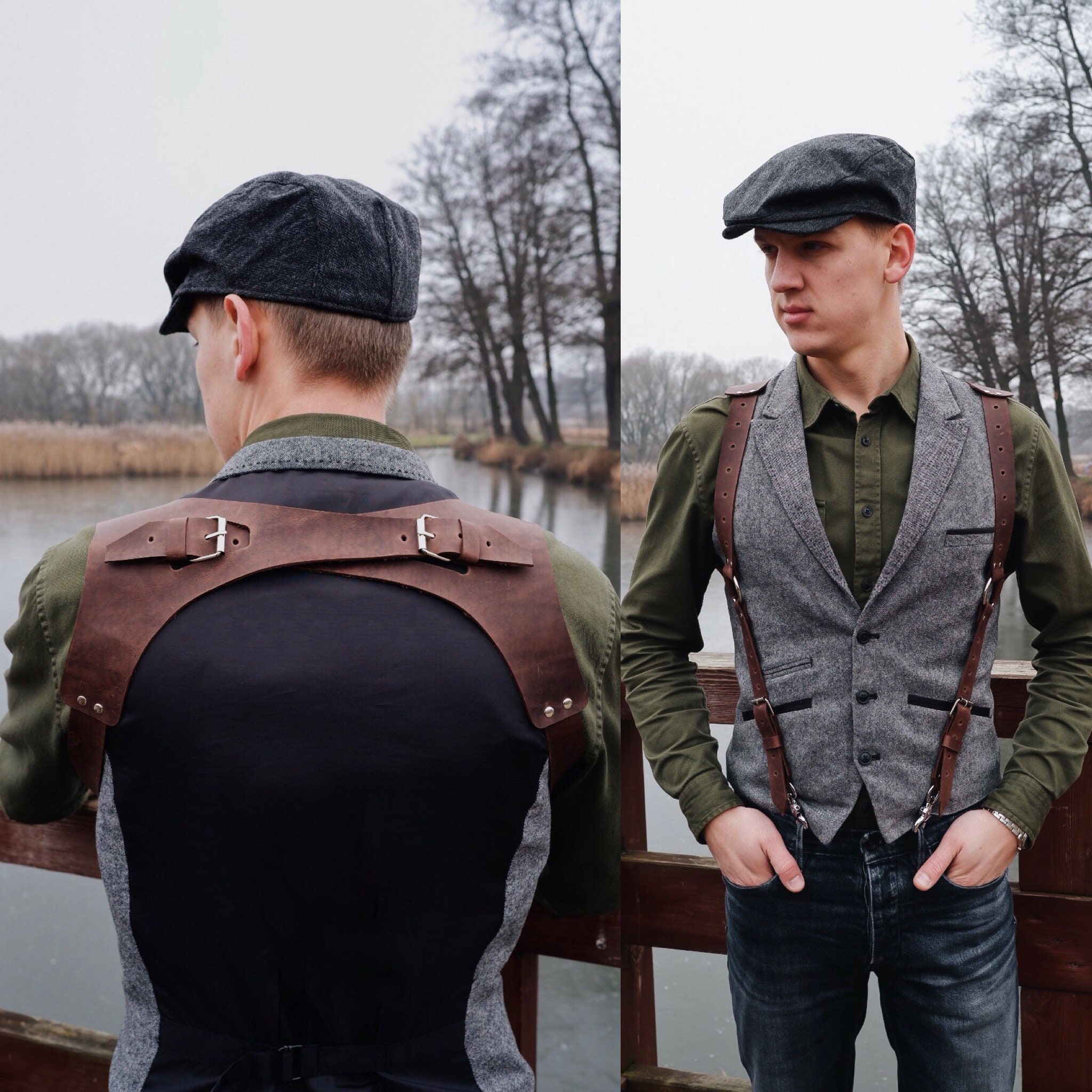 Black Leath Mens Harness Suspenders Men's Leather -  Sweden