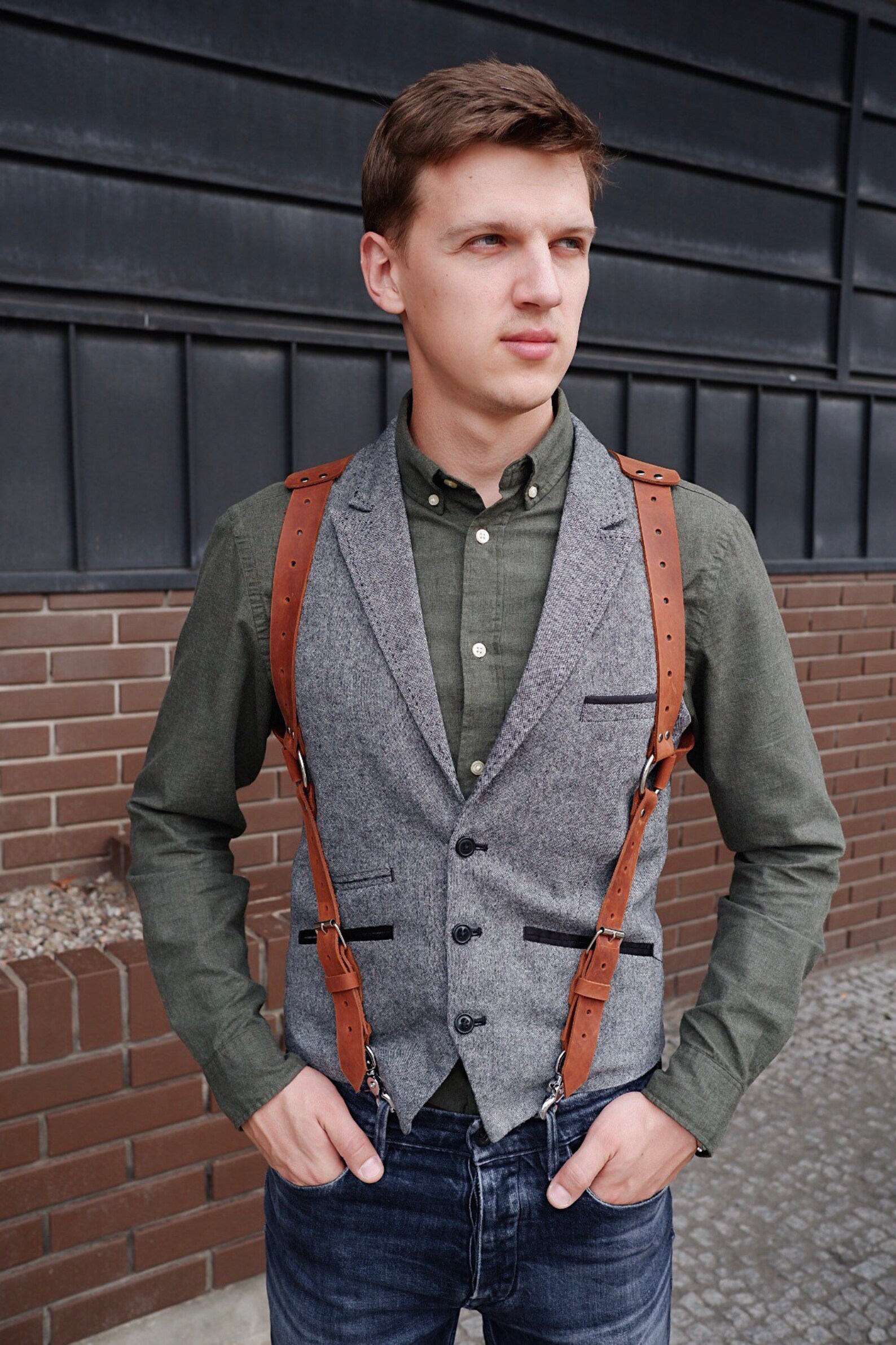 Suspenders Men Leather Suspenders Brown Leather Suspenders Etsy