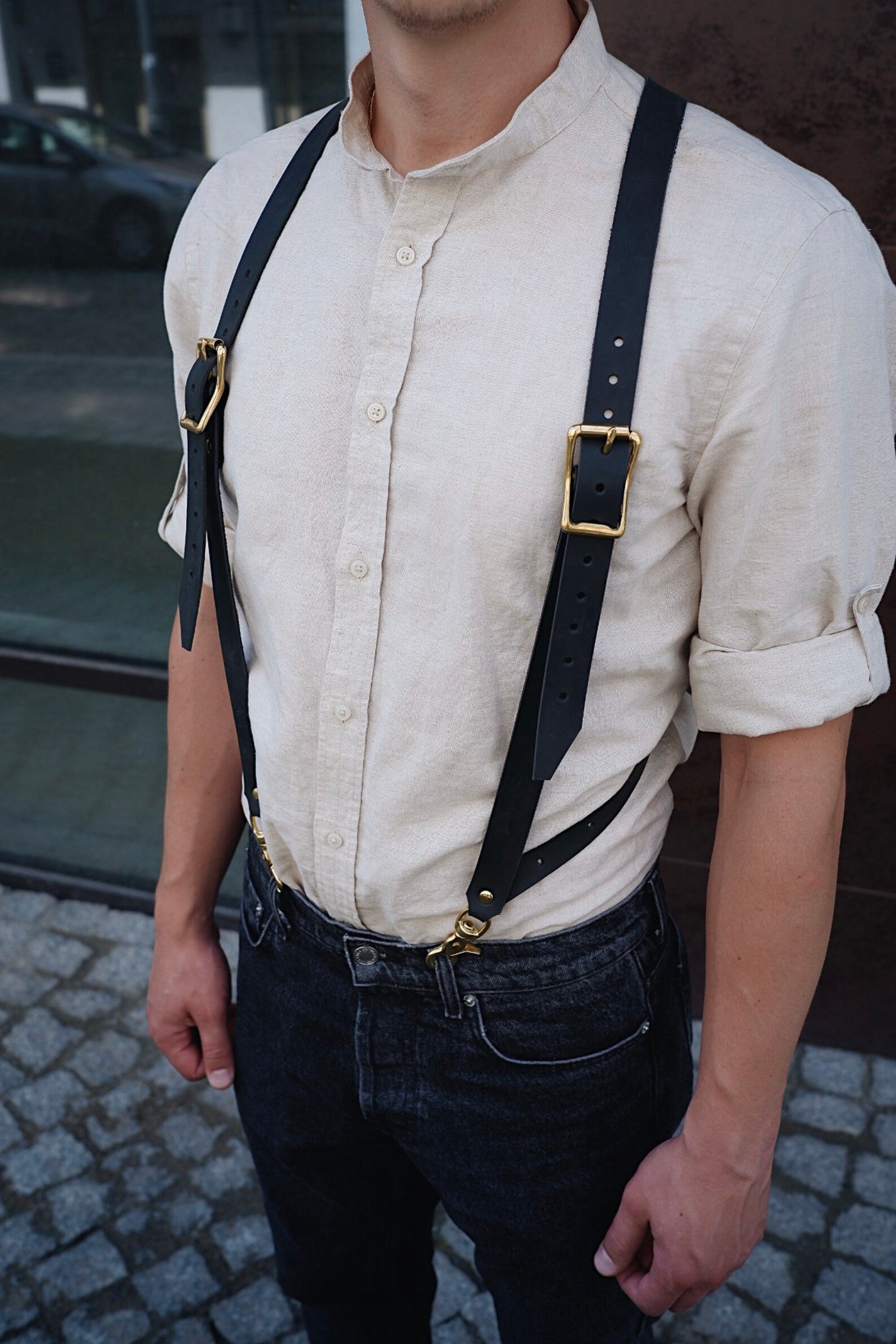 Suspenders men Leather suspenders Black leather suspenders | Etsy