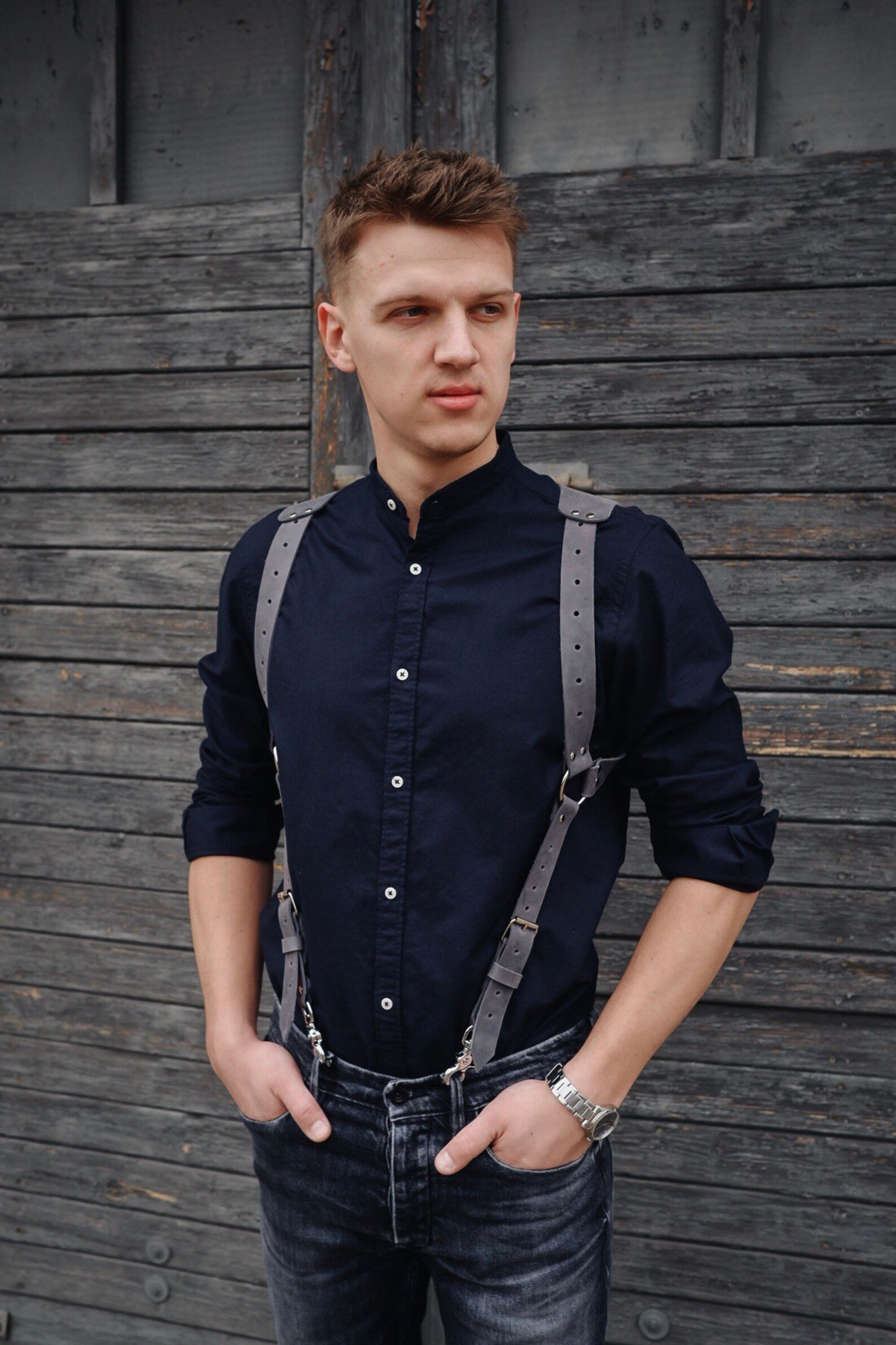 Suspenders Men Leather Suspenders Gray Suspenders Etsy