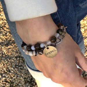 Charm Bracelet, Mantra Bracelet, Chain Bracelet, Beaded Bracelet, Boho Chic Jewelry, Glass Bead Jewelry, Metal Strand Bracelet, Brown
