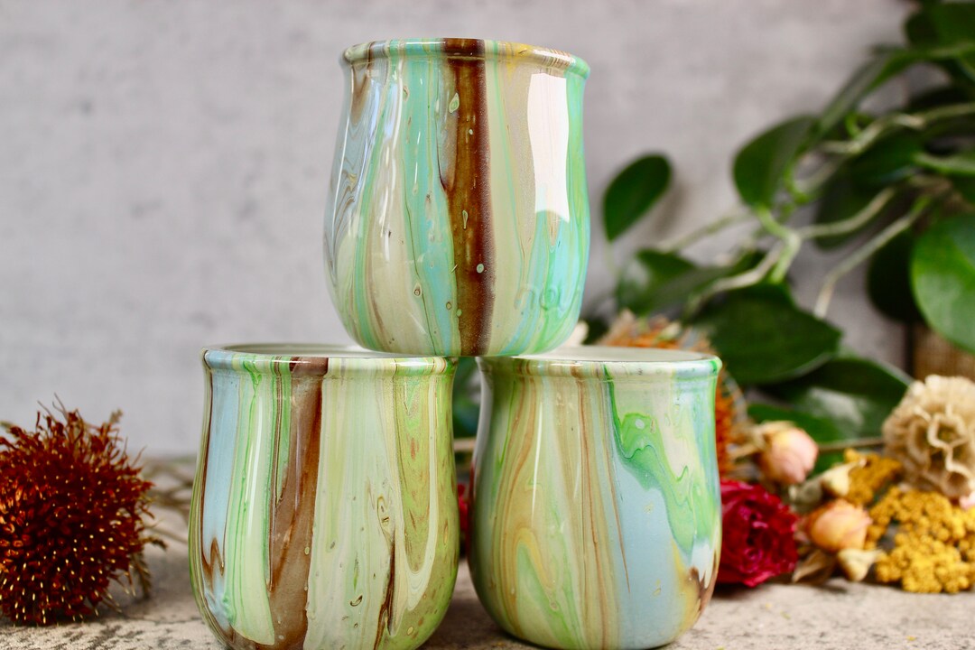 Set of 3 Small Glass Pots W/bamboo Lids Boho Chic Decor Succulents Storage Hand Painted Pots