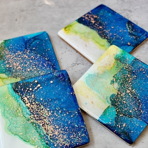 Set of 4 Square Wood Coaster Set | Green Blue Yellow Coasters | Housewarming Gift | Home Decor | Indoor Decor Coasters |  Table Decor