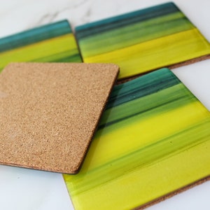 Set of 4 Square Wood Coaster Set | Green Blue Yellow Coasters | Housewarming Gift | Home Decor | Indoor Decor Coasters |  Table Decor