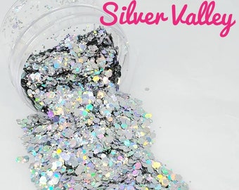 Silver Valley - Glitter - Silver Glitter - Silver Chunky Hexagon Glitter - Holographic Silver Chunky Glitter Mix - Solvent Resistant