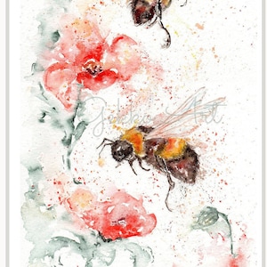 Bees & Poppies print, Watercolour, art print, Bee painting, wall art, decor, colourful, wildlife fine art print, giclee print, insect print