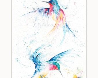 Hummingbirds print, Watercolour, art print, birds painting, wall art, decor, colourful, wildlife fine art print, giclee print, bird print