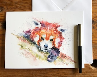 Tarjeta de panda rojo, tarjeta de saludos de panda rojo, tarjeta de cumpleaños, tarjeta de arte de acuarela, tarjeta de nota, tarjeta en blanco, por el artista de vida silvestre Sandi Mower
