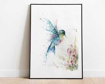 Hummingbird print, Watercolour art print, Hummingbird watercolour painting by Wildlife Artist Sandi Mower