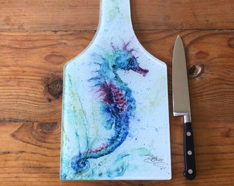Seahorse Glass Chopping Board, Cheese Board, Serving Mat, Cutting Mat. From a Watercolour By Wildlife Artist Sandi Mower