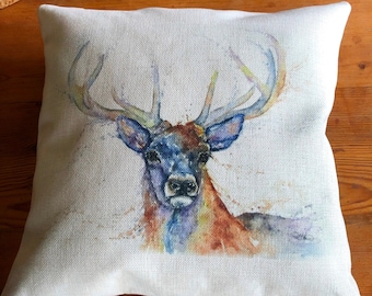 Monarch. Red Deer Stag Cushion Cover, Wildlife Art Cushion, Stag Textile Print, Linen look, Pillow 16inch