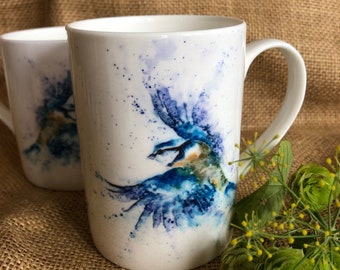 Bluetit Watercolour Bone China Mug,  10oz, 14oz China Cup, Gift, Kitchenware, Wildlife Art Mug by Watercolour Artist Sandi Mower