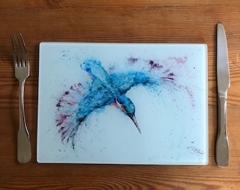 Kingfisher Glass Placemat, Wildlife Design Table Mat, Glass Trivet, Hot Plate, Watercolours by Wildlife Artist Sandi Mower