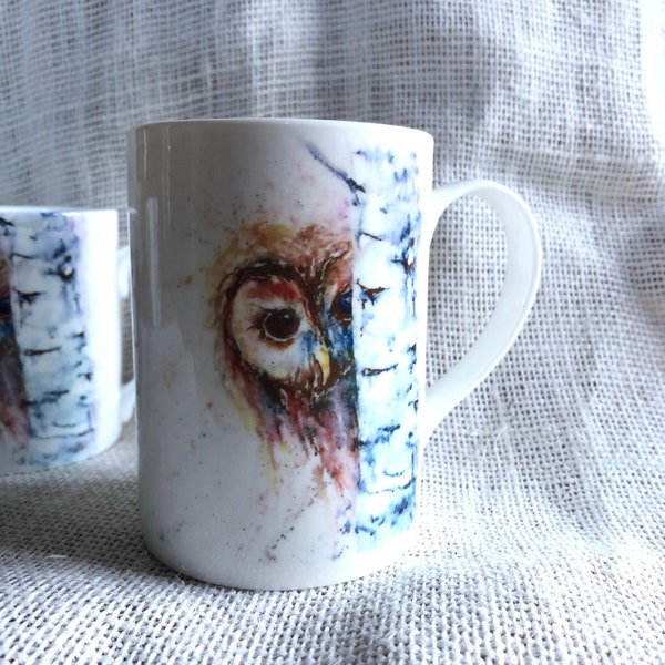 Tawny Owl Watercolour Bone China Mug,  10oz or 14oz China Cup, Wildlife Art Mug by Watercolour Artist Sandi Mower