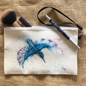 Kingfisher Design Linen Fabric make-up bag, cosmetic pouch, 15x24cm, Wildlife Watercolours by Artist Sandi Mower