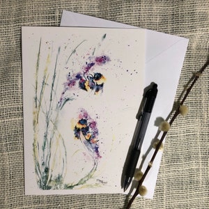Cartão de abelhas no hissopo, cartão de cumprimentos florais, cartão de arte da vida selvagem, cartão de aniversário, cartão em branco, aquarela, impressão