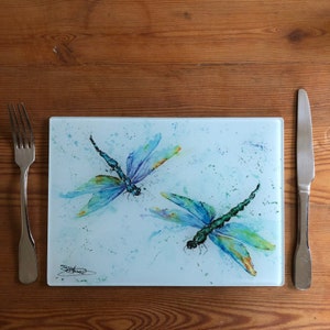 Dragonfly Glass Placemat, Wildlife Design Table Mat, Glass Trivet, Hot Plate, Watercolours by Wildlife Artist Sandi Mower