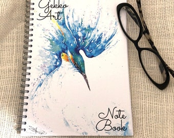 Kingfisher Notebook, A5 Size Spiral bound Notepad, Wildlife Art Cover Design, Lined Paper Pad, Jotter, journal