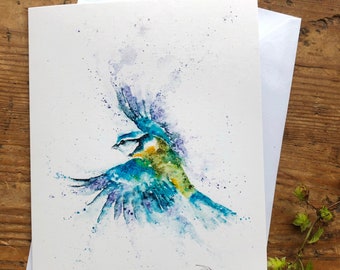 Bluetit Card, Garden Bird Greetings Card, Note Card, Wildlife Art Card, Blank Birthday Card, by Watercolour Artist Sandi Mower