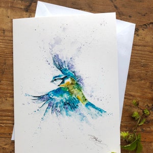 Carte Bluetit, carte de vœux d’oiseau de jardin, carte de note, carte d’art de la faune, carte d’anniversaire vierge, par l’artiste aquarelle Sandi Mower