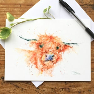 Highland Cow Card, Cow Greetings Card, Bull Art, Wildlife Art, Note Card, Art Card, Birthday Card, Blank Card, Aquarelle, Animal Print