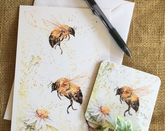 Bees Greetings Card & Coaster Gift set, Wildlife Art Card, Greetings Card, Birthday Card, Blank Card, Watercolour, Gift