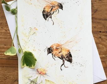 Tarjeta de abejas y margaritas, tarjeta de felicitación floral, tarjeta de arte de vida silvestre, tarjeta de cumpleaños, tarjeta en blanco, acuarela, impresión