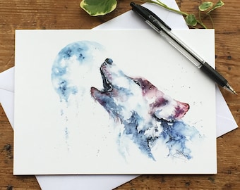 Howling Wolf Card, Wolf Greetings Card, Wildlife Art, Note Card, Art Card, Birthday Card, Blank Card, Watercolour, Print