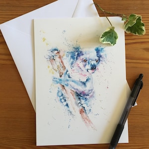 Carta Koala, Carta d'auguri Koala, Arte Australiana, Arte della fauna selvatica, Nota, Carta d'Arte, Carta di Compleanno, Carta Bianca, Acquerello, Stampa