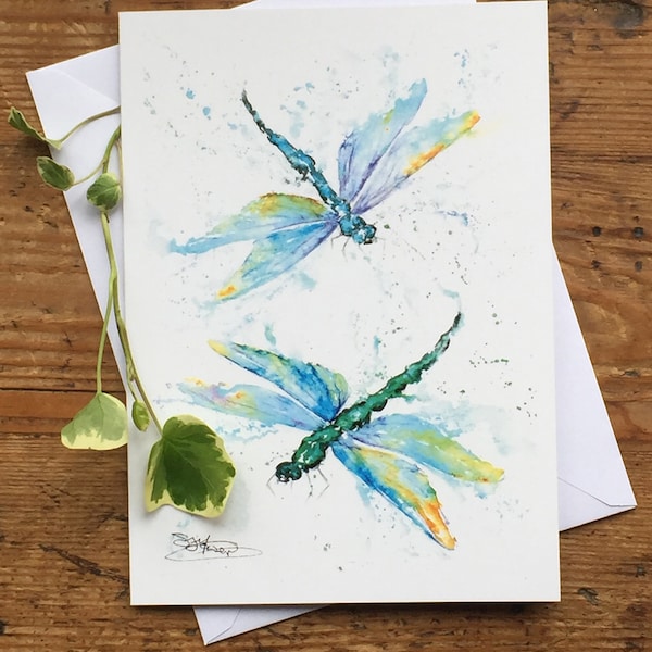 Dragonflies Card, Dragonfly Greetings Card, Wildlife Art Card, Birthday Card, Blank Card, Watercolours by Wildlife Artist Sandi Mower