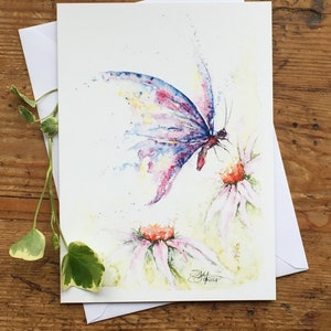Cartão de borboleta, cartão de felicitações florais, arte da vida selvagem, cartão de nota, cartão de arte, cartão de aniversário, cartão em branco, aquarela, impressão