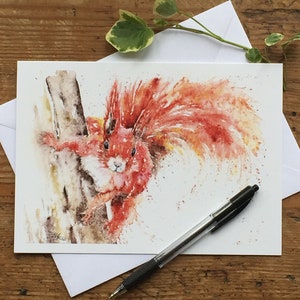 Cartão de esquilo vermelho, cartão de felicitações de esquilo, cartão de arte da vida selvagem, cartão de aniversário, cartão em branco, aquarela, impressão