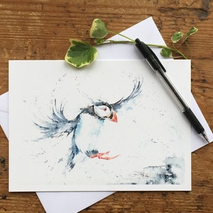 Flying Puffin Card, Puffin Greetings Card, Wildlife Art, Note Card, Art Card, Birthday Card, Blank Card, Watercolour, Print