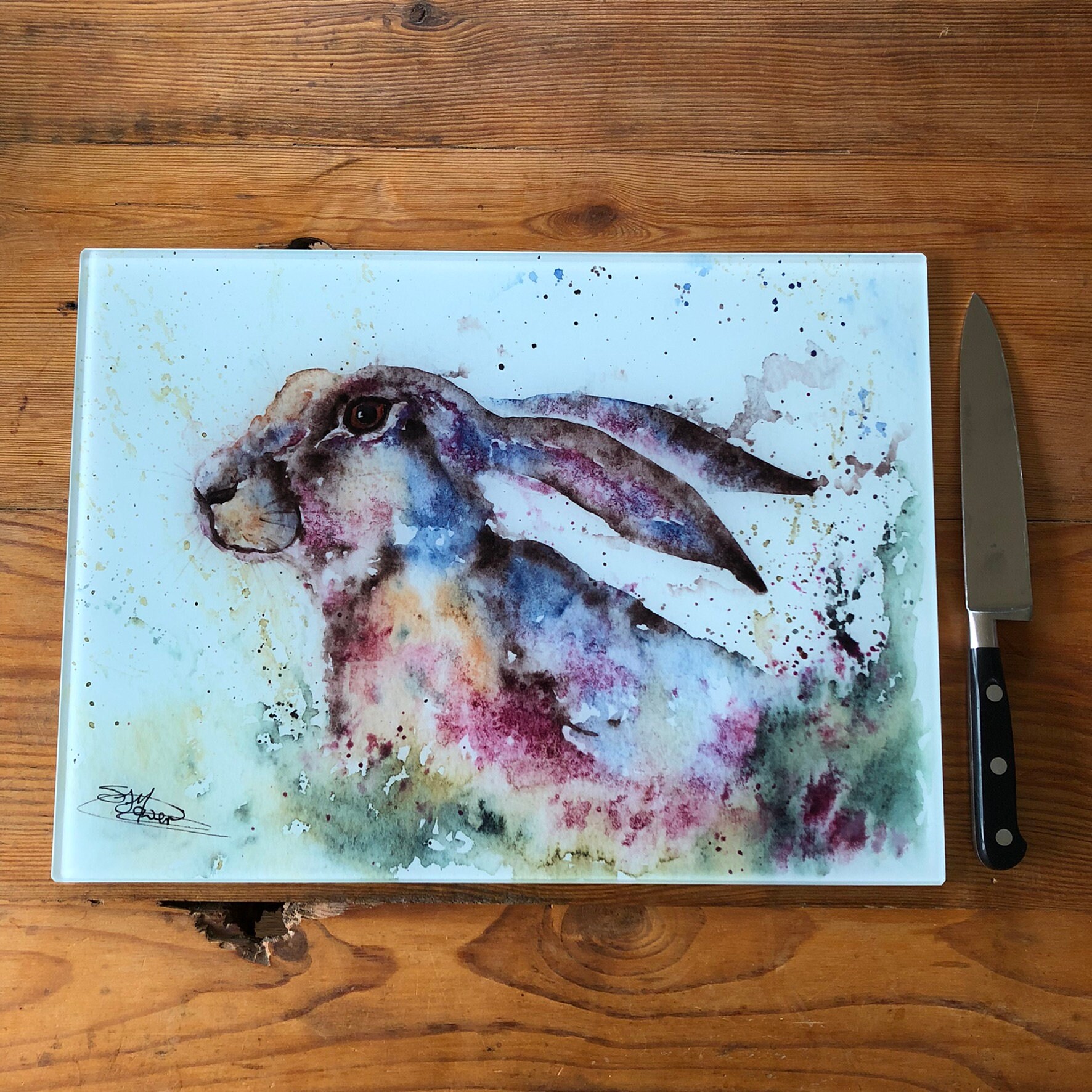 Bluebell Hare Glass Chopping Board, Kitchen Worktop Saver, Table Mat, Cutting Mat. From a Watercolour By Wildlife Artist Sandi Mower