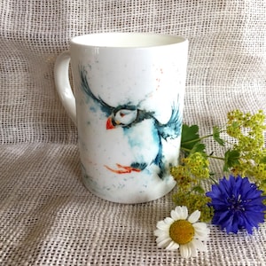 Puffin Watercolour Bone China Mug, China Cup, Wildlife Art Mug by Watercolour Artist Sandi Mower