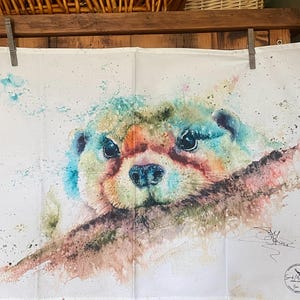 Betty the Otter Tea Towel, Wildlife Art Tea Towel, 100% Cotton, Kitchen Dish Towel, Watercolours by Wildlife Artist Sandi Mower