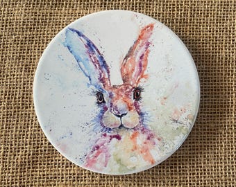 Hare Ceramic Coaster with Cork Base, With a Watercolour Painting by Wildlife Artist Sandi Mower