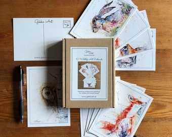 Juego en caja de 10 postales, A6, 6x4 pulgadas, tarjetas de notas de arte de vida silvestre, impresiones de arte coleccionables por la artista de acuarela Sandi Mower