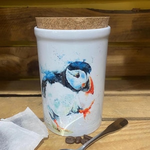 Puffin Watercolour Ceramic Storage Jar with Cork Lid, Wildlife Art by Artist Sandi Mower