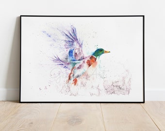 May include: Watercolour painting of a mallard duck in flight, wings outstretched. The artwork uses a vibrant palette of blues, greens, orange, and purple. The duck is set against a white background, framed in a black border.