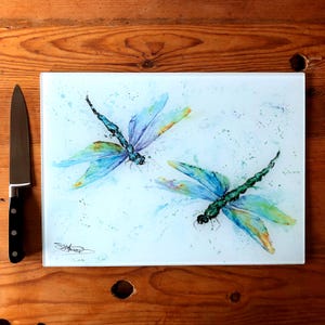 Dragonflies Glass Chopping Board, Kitchen Worktop Saver, Table Mat, Cutting Mat. Watercolours By Wildlife Artist Sandi Mower