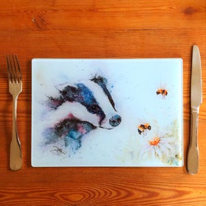 Badger & Bees Glass Placemat, Wildlife Design Table Mat, Glass Trivet, Hot Plate, Watercolours by Wildlife Artist Sandi Mower