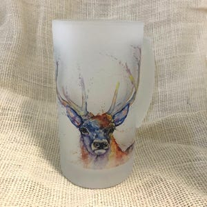 Stag Frosted Glass Tankard, Beer Stein, 500ml Drinks Glass with Handle. Watercolours by Wildlife Artist Sandi Mower.