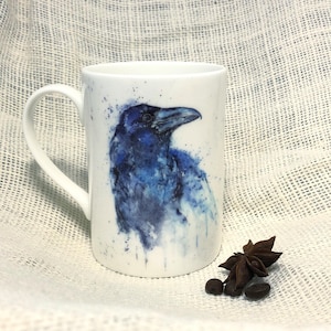 Raven Watercolour Bone China Mug, China Cup, Crow Gift, Wildlife Art Mug by Watercolour Artist Sandi Mower