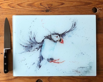 Puffin Glass Chopping Board, Kitchen Worktop Saver, Table Mat, Cutting Mat. Watercolours By Wildlife Artist Sandi Mower