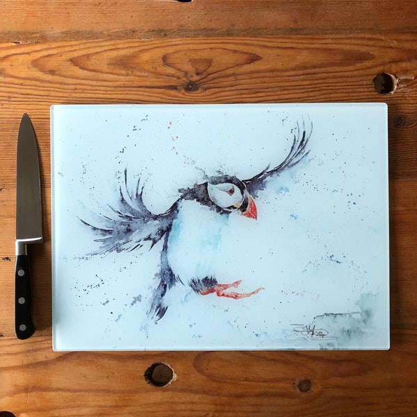 Puffin Glass Chopping Board, Kitchen Worktop Saver, Table Mat, Cutting Mat. Watercolours By Wildlife Artist Sandi Mower